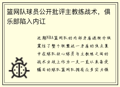 篮网队球员公开批评主教练战术，俱乐部陷入内讧